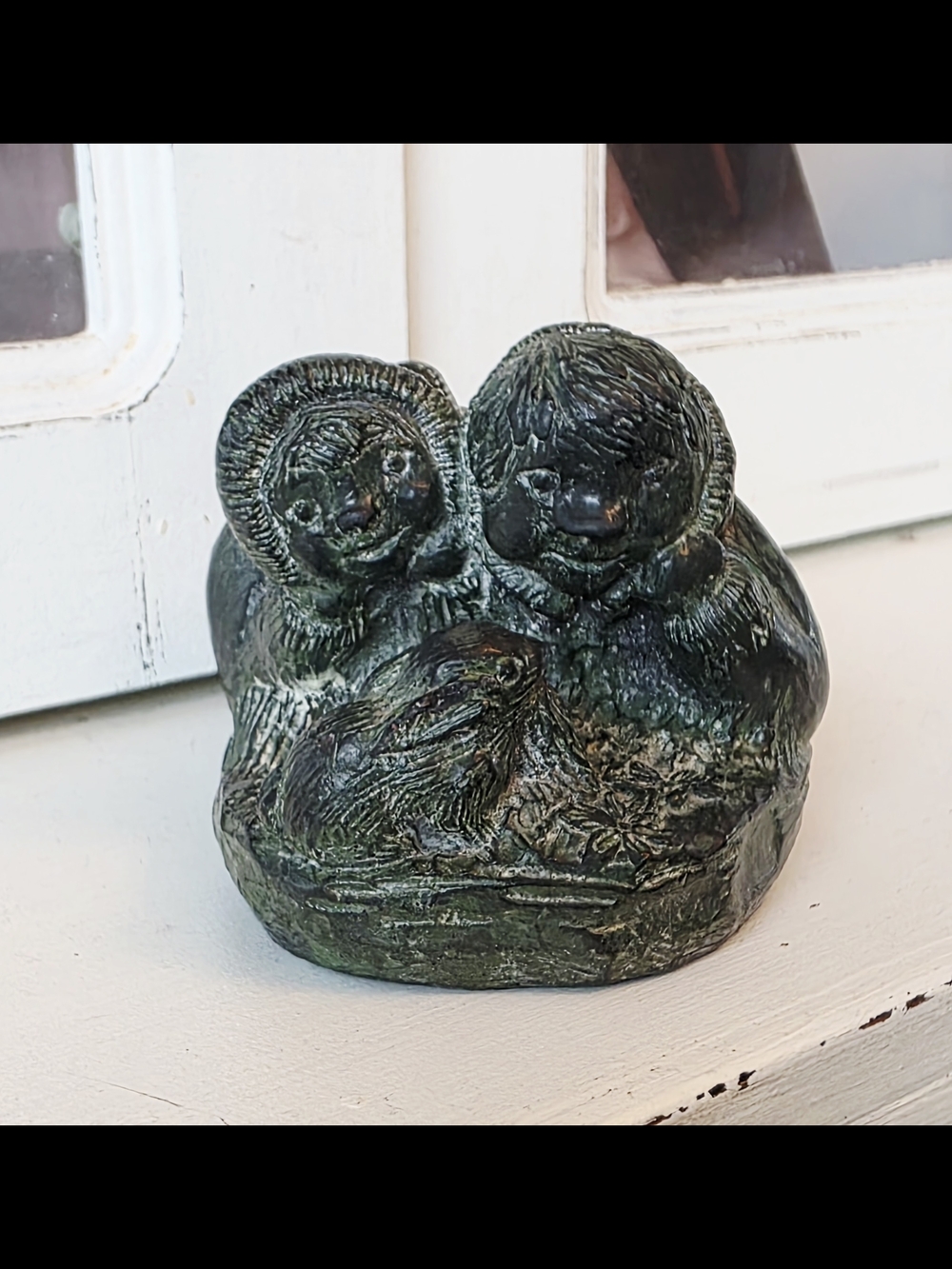 Vintage Inuit Soapstone Figurine of Kids And Bunny